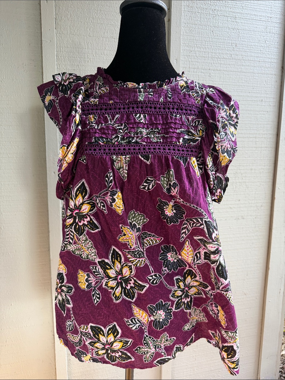 LOFT Purple Floral Smocked Flutter Sleeve Dress